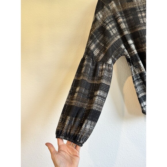 AGB Women's Black Plaid Boat Neck Sweater Boho Puff Sleeve Knit Size XL - Picture 2 of 10